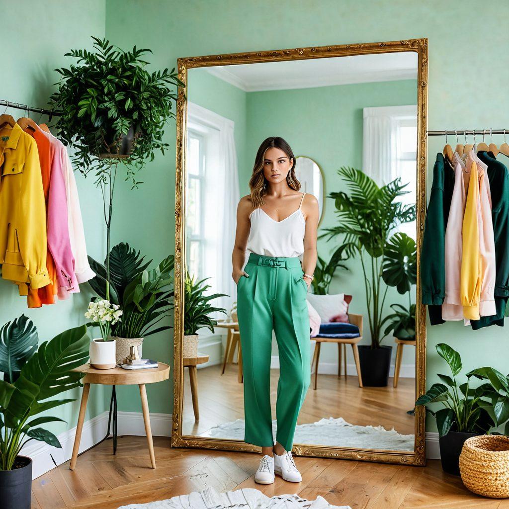 A stylishly dressed person standing at a mirror, experimenting with different accessories and outfits, surrounded by colorful clothing and fashion pieces, a bright and airy room with plants in the background, showcasing transformation and confidence in everyday style. vibrant colors. super-realistic. light pastel background.