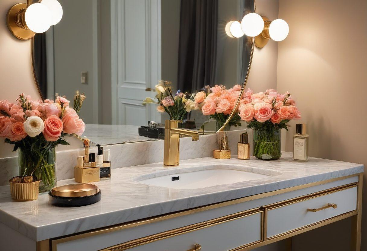 A sophisticated vanity space showcasing elegant beauty products arranged neatly, with soft golden lighting illuminating the scene. A stylish person in a chic outfit is applying makeup, reflecting confidence and grace. Incorporate delicate floral elements and a tidy background to emphasize cleanliness and radiance. super-realistic. vibrant colors. elegant aesthetics.